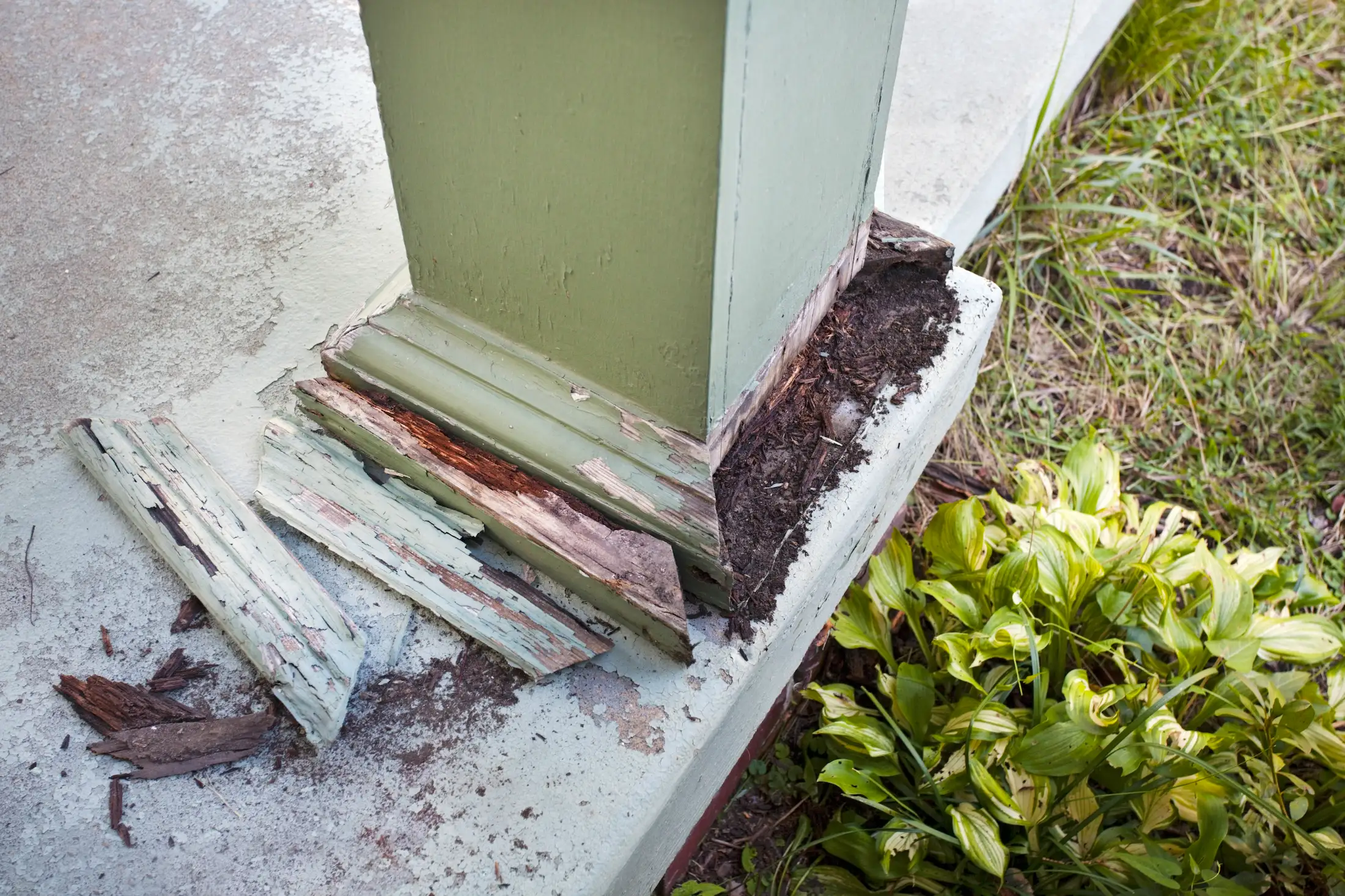 Termites eating away a wooden pillar on a porch - Stop termites from damaging your house with Seitz Bros Pest Control in Tamaqua, PA 